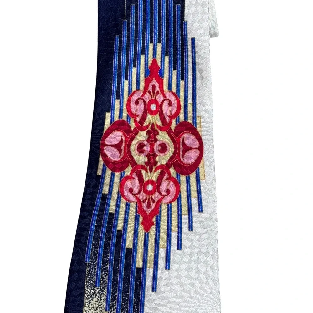 Robert Arnold Mens Silk Tie Navy Blue Geometric Medallion USA 4 Inch art deco